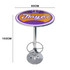 A round, purple bar table with a chrome base, measuring 60 cm in diameter and 102 cm in height.