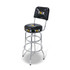 A black bar stool with a backrest and chrome legs, featuring a logo on the seat.