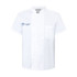 A white short-sleeved double-breasted chef jacket featuring a chest pocket and a logo.