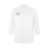 A white 3/4 sleeve chef jacket with a single breasted design and a small logo on the chest.