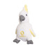 A custom cockatoo plush toy in white and yellow, featuring grey accents and a logo on the front.