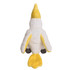 A plush cockatoo toy in white and yellow, with a soft texture and detailed tail. Features a branding logo.