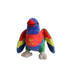 A colourful plush lorikeet toy featuring blue, red, yellow, and green fabric. It has a small logo on its chest.