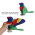 A colourful lorikeet plush toy with vibrant red, green, blue, and yellow fabric, featuring flappable wings.