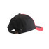A black cap with a red brim and contrast trim, featuring an adjustable strap at the back.