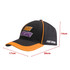 A black and orange cap with contrast trim and a logo on the front. Dimensions are indicated.