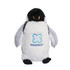 A custom penguin plush toy in black, white, and grey, featuring an embroidered logo on its belly.