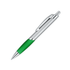 A plastic pen with a chrome finish and a green grip section, featuring a clip and push mechanism.