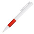 A plastic pen with a white body and a red grip, featuring a clip and a brand logo.