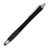 A stylus pen in black with a silver clip and a rubber grip for comfort. Features a branding logo.