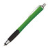 A stylus pen in vibrant green with a black grip and silver accents, featuring a branding logo.