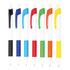 A set of plastic pens in black, blue, red, green, and yellow, with white bodies and textured grips. Each pen has a logo.