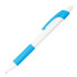 A plastic pen with a blue grip and accents, featuring a white barrel and a clip. It includes a logo.