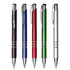A collection of five plastic pens in black, blue, red, green, and silver, featuring metal accents and a logo.