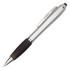 A silver plastic pen with a black grip and stylus tip, featuring a clip and a branding logo.