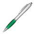 A silver plastic pen with a green grip and a stylus tip, featuring a clip for easy attachment.