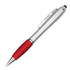 A stylus pen with a silver barrel and a red grip, featuring a black tip for touchscreen use and a clip.