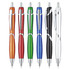 A set of six plastic pens in orange, red, green, black, blue, and silver, featuring curved designs and clips.