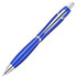 A blue plastic pen with silver accents and a glossy finish, featuring a logo.