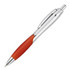 A silver pen with an orange grip and a chrome clip. The pen features a logo on its body.