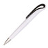 A plastic pen with a white body and a black grip, featuring a silver metal tip. It has a logo on the side.