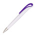 A plastic pen featuring a white body and a purple grip, with a silver tip and a branding logo.