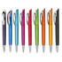 A collection of plastic pens in vibrant colours including blue, green, pink, orange, purple, and black, featuring clips and silver accents.