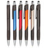 A set of six stylus pens in black, blue, red, orange, silver, and a dark finish, with a logo on each pen.