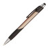 A silver and black stylus pen with a smooth finish and a grip section, featuring a clip and a logo.