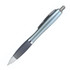 A plastic pen in metallic blue and grey, featuring a smooth grip and a clip for attachment.