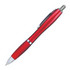A red plastic pen with a shiny finish and a silver clip, featuring a smooth writing tip.