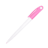 A pink and white plastic pen with a clip and a logo on the body.