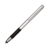 A stylus pen in silver and black with a textured grip and a clip for easy attachment.
