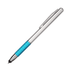 A stylus pen with a silver body and a turquoise textured grip, featuring a clip for easy attachment.