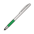 A stylus pen with a shiny silver body and a textured green grip. It features a clip for attachment.