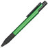A plastic pen featuring a green barrel and black grip, complete with a clip and a logo.