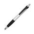 A silver and black stylus pen featuring a comfortable grip and a sleek design. The pen also includes a logo.