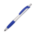 A stylus pen in silver and blue with a textured grip and a chrome tip, featuring a logo on the barrel.