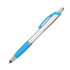 A stylus pen with a metallic silver body and a blue rubber grip, featuring a clip and a logo.