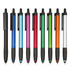 A collection of stylus pens in blue, pink, red, green, orange, black, and silver, featuring a logo on the barrel.