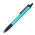 A stylus pen in a vibrant blue colour with a black grip and clip, featuring a sleek metallic finish.