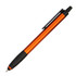 An orange stylus pen with a black grip and clip, featuring a logo on the body.