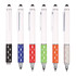 A set of six stylus pens in white with coloured grips: black, blue, green, orange, and grey. Each pen has a logo.