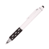 A telescope pen in white and black with a stylus tip, featuring a sleek design and a clip for easy attachment.