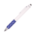 A telescope pen featuring a blue and white design with a polka dot pattern and a stylus tip.