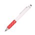 A red and white telescope pen featuring a polka dot grip and a silver clip, with a stylus tip at the end.