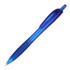 A blue plastic pen with a textured grip and a transparent barrel, featuring a clip and branding.