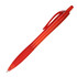 A red plastic pen with a smooth body and grip, featuring a clip and a branding logo.
