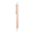 A plastic pen in a rose gold finish featuring a metal clip and a clear barrel.