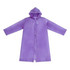 A purple reusable PEVA raincoat with a hood, featuring a button front and long sleeves. It has a logo on it.